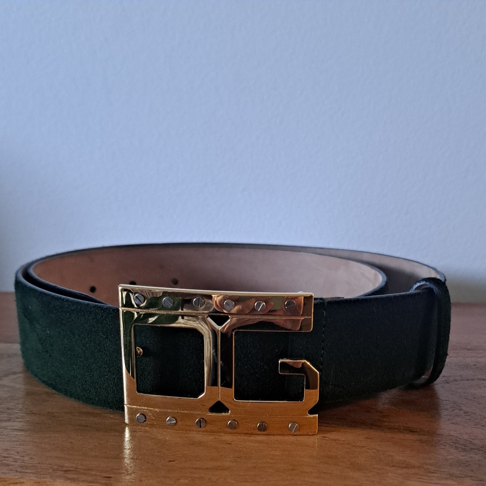 Dolce & Gabbana Green Suede Leather Belt Gold Logo Buckle Men’s Size 38